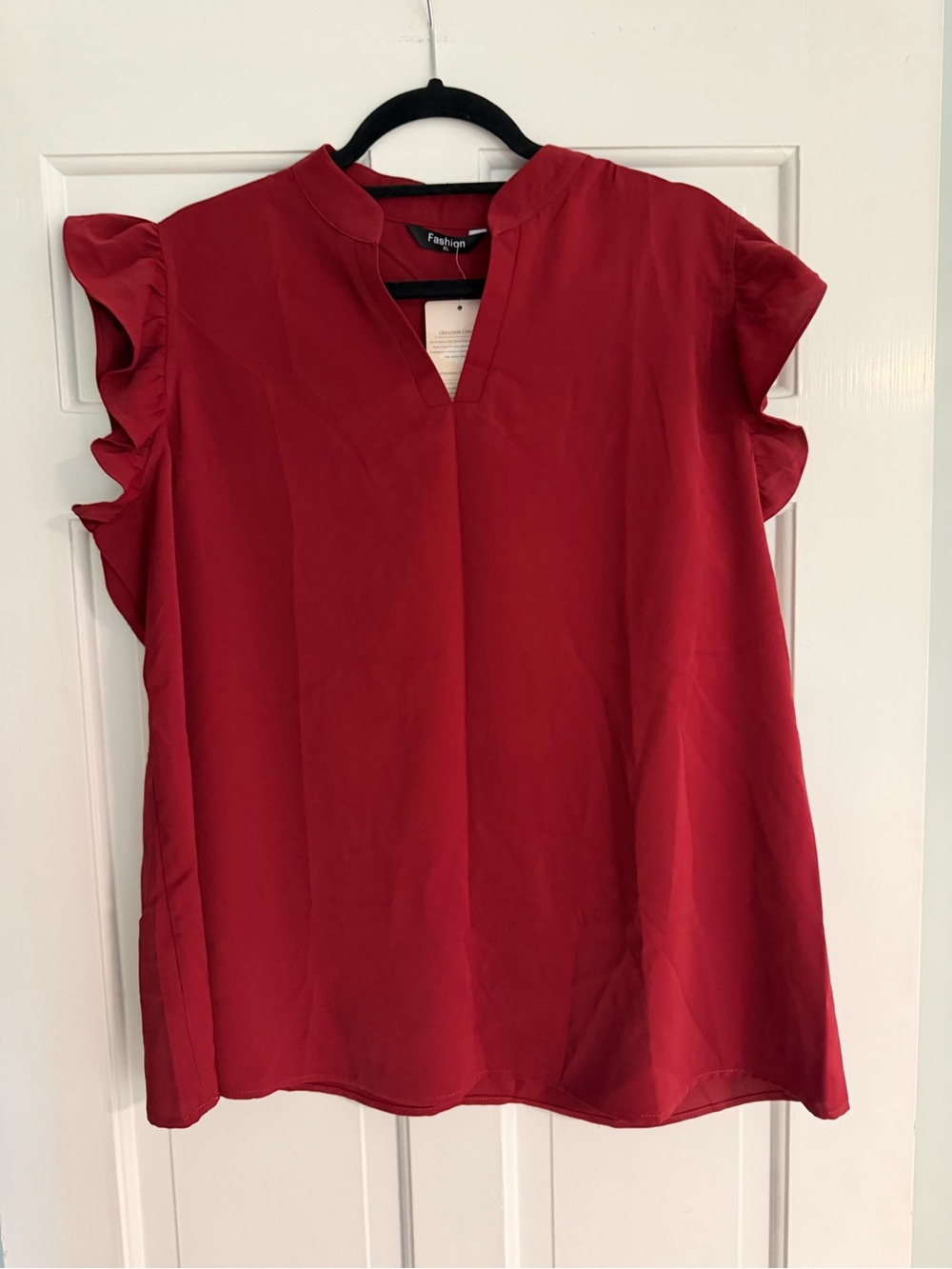 Amazon Red Ruffle Sleeve Split-Neck Blouse